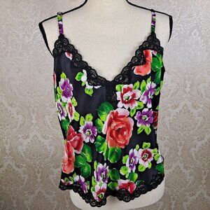 Victoria's Secret Size Medium Black Floral Print Camisole with Black Lace Edging